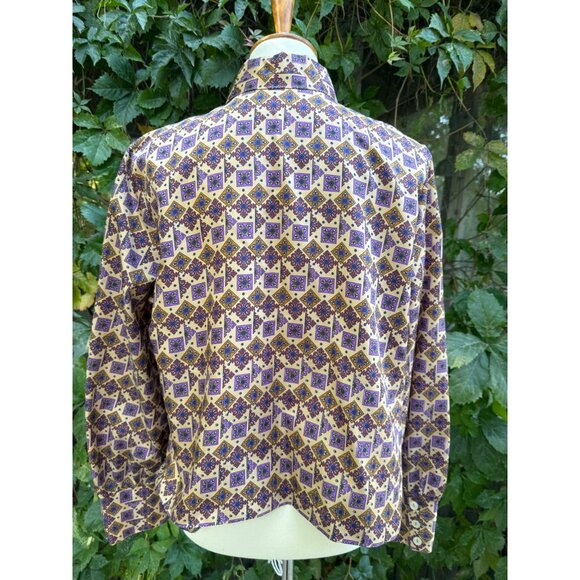 70s Dagger Collar Blouse All Over Purple Geometric Print Balloon Sleeve Custom - Picture 11 of 15